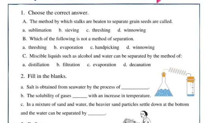 Separation of mixtures worksheet answers