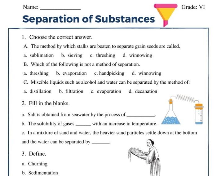 Separation of mixtures worksheet answers